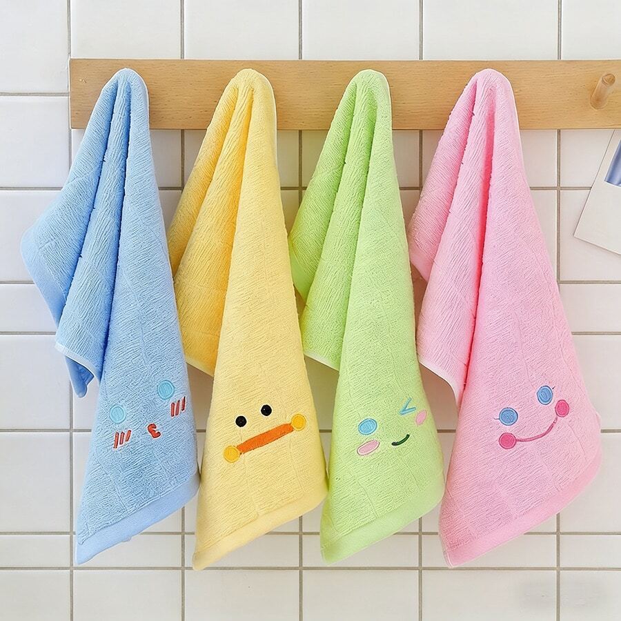 100% Cotton Cartoon Embroidered Smiling Face Pattern Small Towel, Soft & Absorbent, Cute Rectangular Face Towel For Home Use - Baby Blue - View 1