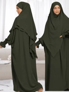 2pcs Set Double Layer Tie Headscarf Khimar + Loose Comfortable Abaya, Convenient For Prayer, Suitable For Muslim Women's Daily Wear And Prayer, All Season - Nhiều màu - Xem 4