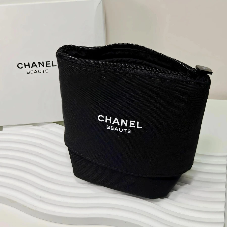 CHANEL Materiel Expandable Barrel Makeup Pouch, Black Canvas Zippered Cosmetic Bag, Travel Toiletry Organizer - Black - View 1