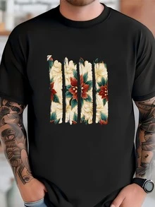 Mens Christmas  Shirt With Poinsetta Design, Nature Lovers Gift, Brushstroke Shirt, Winter Garment Dyed Shirt, Gift For Her T-shirt - Negro - Ver 1
