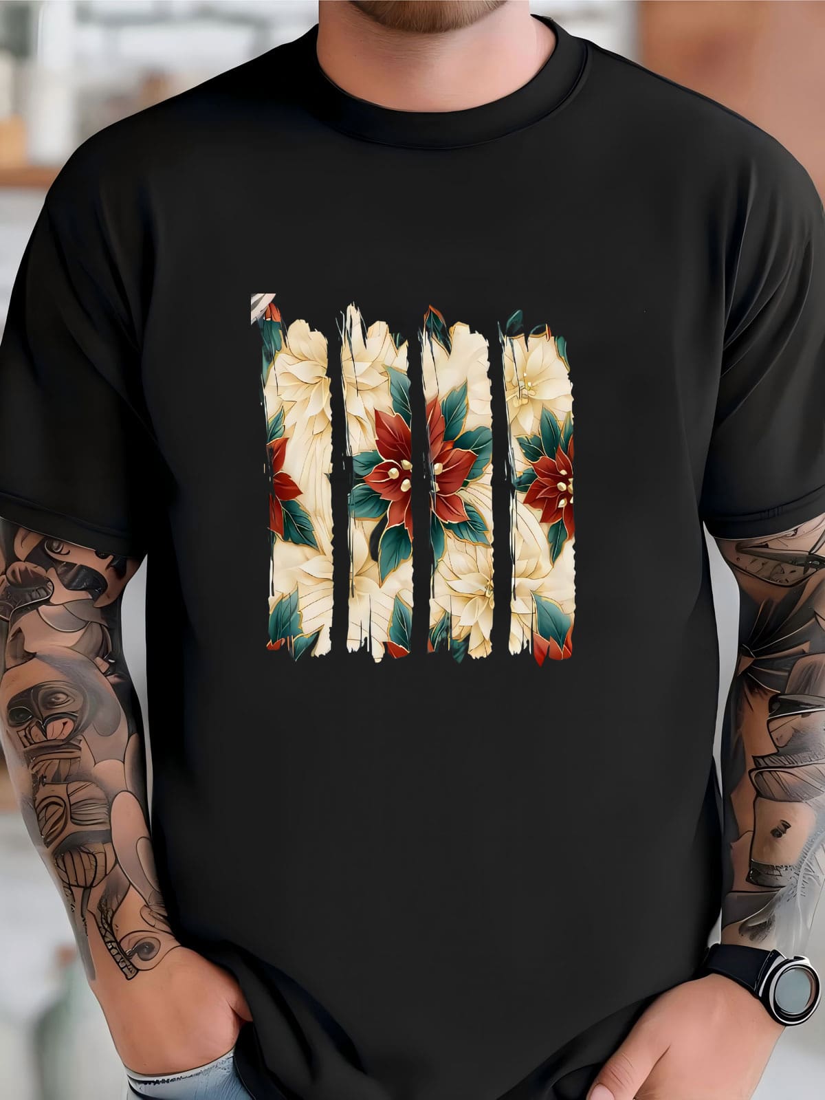 Mens Christmas Shirt With Poinsetta Design, Nature Lovers Gift, Brushstroke Shirt, Winter Garment Dyed Shirt, Gift For Her T-shirt - Negro - Ver 1