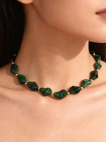 1pc Vintage Inspired Gold Beaded Baroque Pearl Stainless Steel Lobster Clasp Necklace, Suitable For Women's Daily Wear - Dark Green - View 4