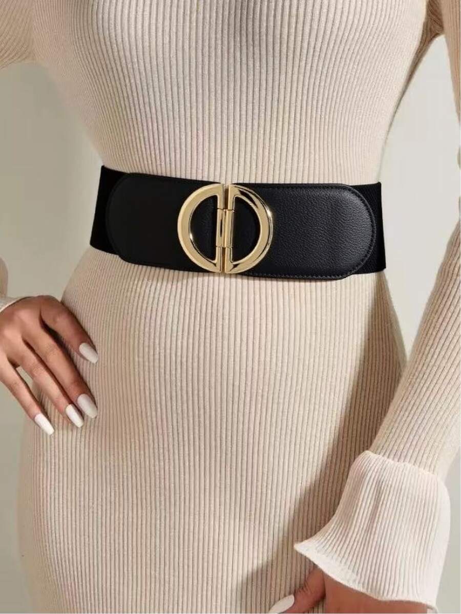 Women's Vintage Wide Elastic Waist Belt, Thick Elastic Leather Belt With Buckle Design, Suitable For Dresses And Coats, Campus Autumn Style - Black - View 1