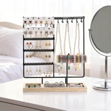 Organisateur de bijoux en bois avec 90 trous, 12 crochets et 10 fentes pour ranger les boucles d'oreilles, colliers, bagues et bracelets - Multicolore - Voir 3