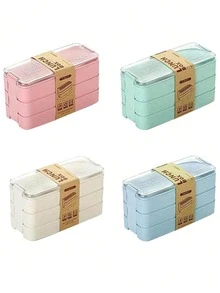 三层午餐盒，三个隔层，可微波炉加热和洗碗机清洗，可堆叠，含叉子和勺子 - 彩色 - 查看 9