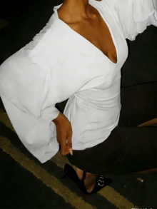 Women's Fashionable Long Sleeve Deep V-Neck Knit Top, Regular Hem, Comfortable Stretchy Fabric, White - White - View 5