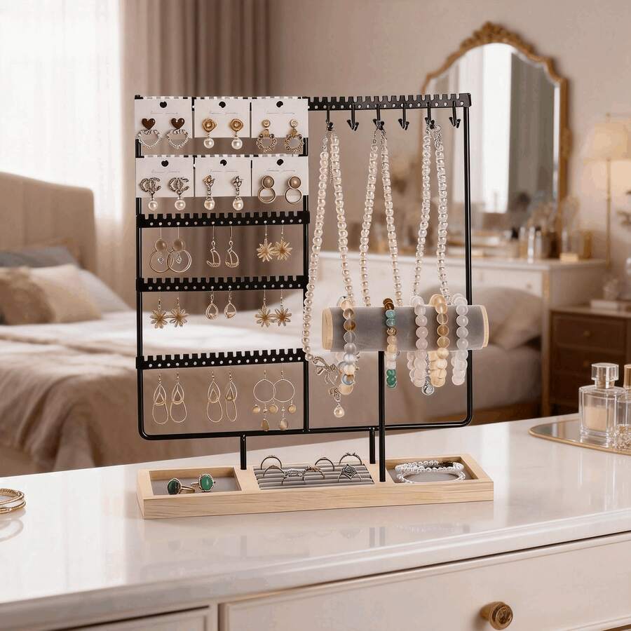 Organisateur de bijoux en bois avec 90 trous, 12 crochets et 10 fentes pour ranger les boucles d'oreilles, colliers, bagues et bracelets - Multicolore - Voir 1