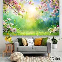 لوحة جدارية مسطحة الأبعاد، قطعة واحدة من زهور الكرز الناعمة ذات الألوان الربيعية والعشب الأخضر - لوحة مسطحة خفيفة الوزن بألوان وردية/صفراء/زرقاء/بيضاء/خضراء فاتحة، مناسبة لديكور عيد الفصح وحفلات عيد الميلاد وحمام الطفل وخلفية استوديو التصوير (لوحة مسطحة الأبعاد)