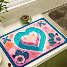 1pc Heart Art Print Absorbent Dish Drying Mat, Dish Drying Pad, Espresso Machine Countertop Absorbent Mat, Sink Drain Mat, Soft Faucet Absorbent Mat, Sink Cup Mat, Home Decor, Kitchen & Bathroom Accessories - Multicolor - View 10