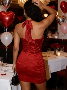 Đầm ngắn cổ yếm đính sequin đỏ dành cho nữ, thích hợp cho buổi tối hẹn hò, đầm ôm sát cổ chữ V sâu, thanh lịch và gợi cảm, trang phục dự tiệc ngày Valentine. - Đỏ - Xem 7