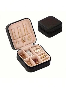 单层收纳盒，女士旅行真皮首饰盒，经典黑、纯白、时尚粉三色可选，收纳盒，首饰柜台展示盒，保护套