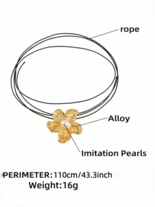 1pc Elegant Luxurious Gold Flower Necklace, Eye-Catching Faux Pearl Flower Adjustable Leather Cord Necklace, Suitable For Women, Perfect For Summer Outfits And Valentine's Day Gift - Gold - View 4