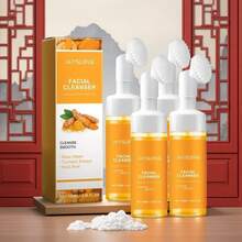 3Pcs Turmeric Wash And Care Three Piece Set,Turmeric Trio: Facial Wash,Cleansing Mousse & Soap For Skin Care,Turmeric Cleansing Exfoliating Pads,Turmeric Face Wash For Face & Body - Màu vàng - Xem 2