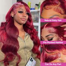 34英寸 13x4 高清 99j 酒红色水波纹蕾丝前假发，真人发混纺，200% 密度，水波纹蕾丝前假发，13x4 高清透明水波纹蕾丝前假发，适合日常佩戴，预先拔毛、预先修剪，自然发际线带婴儿发。 - SBUG - 查看 4