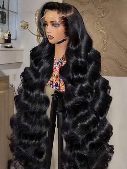 200% 密度自然黑色水波纹蕾丝前假发，真人发混纺，13x4 5x5 高清透明水波纹蕾丝前假发，预先拔毛的自然发际线，带婴儿发，真人发混纺，13x4 高清水波纹蕾丝前假发，适合日常佩戴，5x5 自然黑色短款波波头水波纹蕾丝前假发