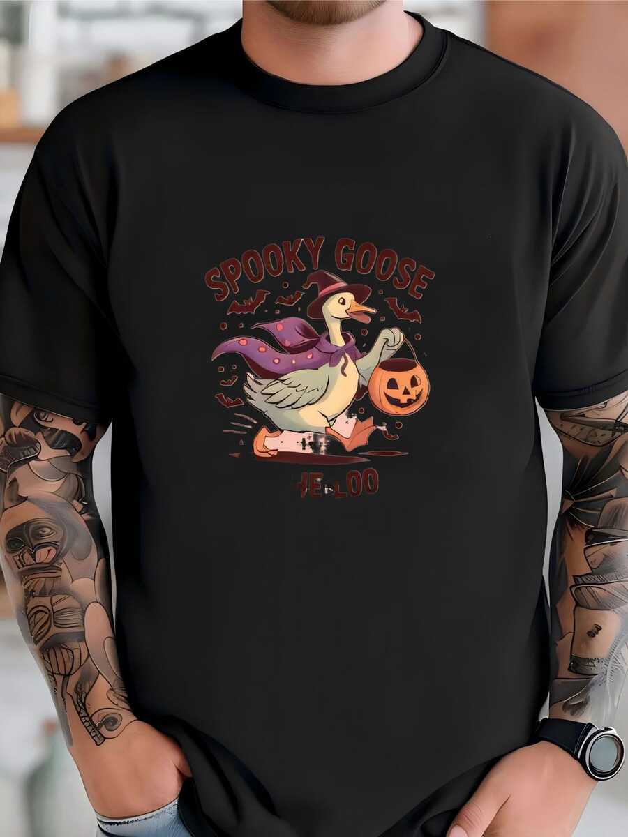 Mens Spooky Goose Halloween Sweatshirt: Retro Fall Fashion T-shirt - Negro - Ver 1