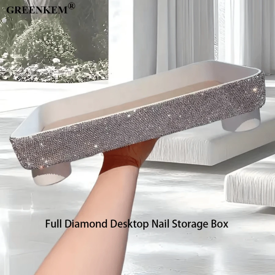 镶满水钻的桌面指甲油收纳盒，展示托盘设计，实用塑料指甲油整理容器 - 銀色 - 查看 1