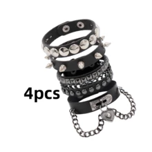 4件/3件/2件/1件套装 男士朋克摇滚铆钉手链，PU皮材质，可能存在轻微色差，请以实物为准。