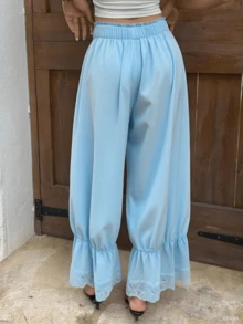 Women Lace Long Bloomers Pettipants Elastic Waist Lace Patchwork Slip Under Dress Pantaloons Trousers Cute Ruffle Pumpkin Pants - Màu xanh lam - Xem 3