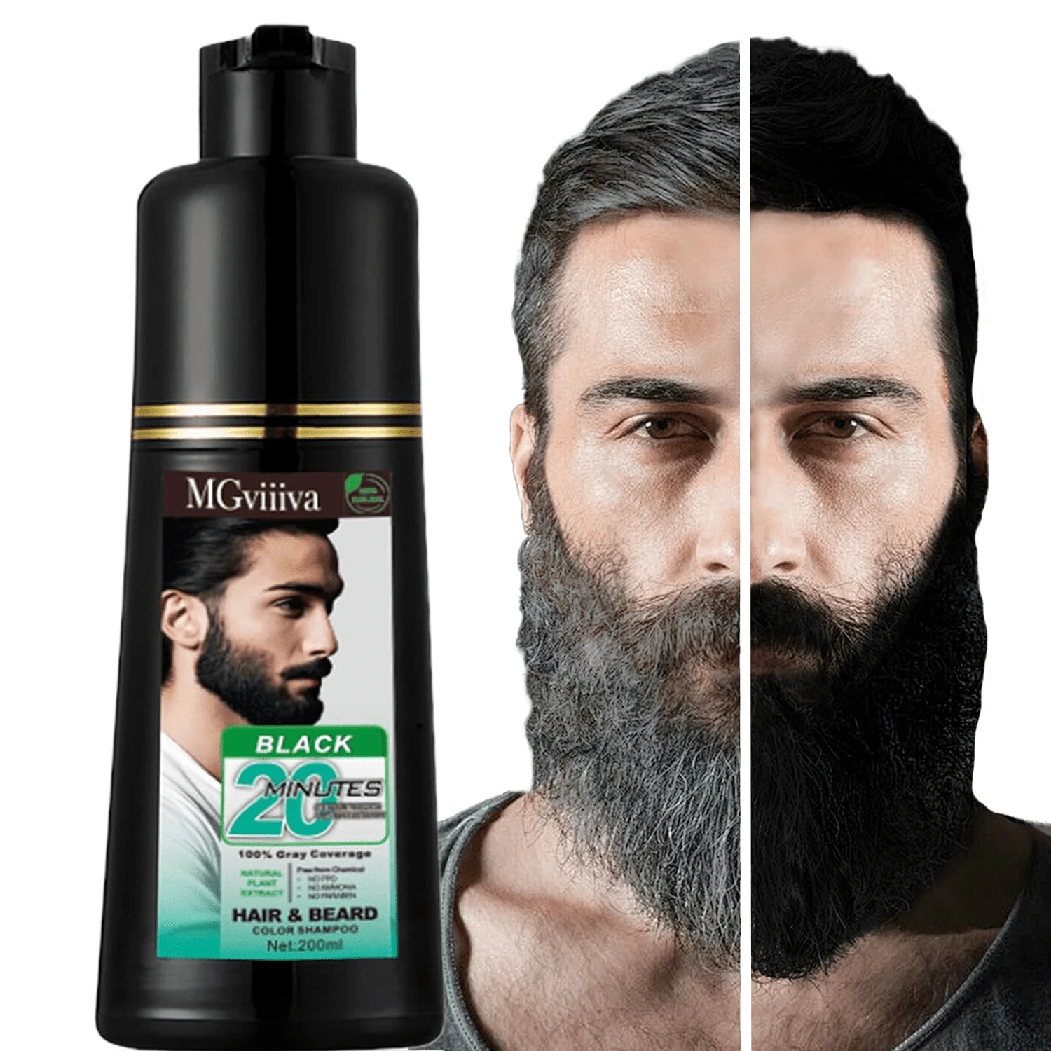 FVQUHVO Men's 3-In-1 Black Beard & Hair Dye Shampoo,Instant Grey Darkening Beard Color Shampoo In 20 Minutes,Simpler Gray Reducing Mustache & Beard Dye For Men,With Plant Extract For Healthy Facial Hair - 黑色 - 查看 1