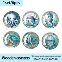 Cute Marine Life Themed Watercolor Style Round Coasters, Usually Featuring "Anthropomorphized Creatures + Scenic Elements" As The Core, Other Common Themes Include Forest, Starry Sky, Etc. Soft Texture Enhances The Healing Vibe, Serving Both Decorative And Mood-Soothing Purposes - Wooden Board-circle Coaster - View 9