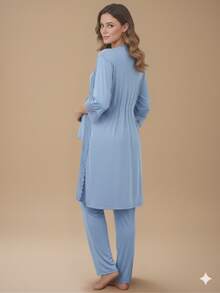 BabyDoll Nursing Pajama Set With Long Pants And Top With Click Closure + Lace Robe - 淺藍色 - 查看 2