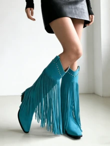 Women Fringe Mid Calf Boots Cowboy Pointed Toe Pull On Chunky Heels Cowgirl Dress Party Wedding Daily Work Tassel Western Boots - Màu xanh lam - Xem 1
