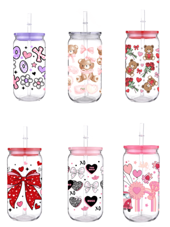 1个480毫升3D樱桃玫瑰情人节UV DTF印刷塑料水瓶，带盖和吸管，透明心形杯，小熊蝴蝶结XOXO户外水瓶，个性化创意牛奶杯，日常简约书籍