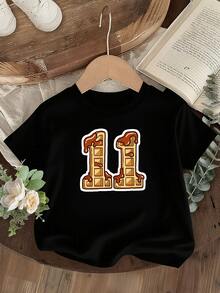 Diseño de Waffles Dulces  Camiseta Estampada para Niñas, Estilo Casual y Moderno, Suave Algodón Transpirable, Ideal para Uso Diario y Celebraciones, Un Regalo Encantador y Confortable ¡Exprésate con Alegría! - Negro - Ver 2
