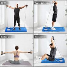 Cama para ejercicio tipo pilates,Tabla de Ejercicio Multifuncional Plegable para Entrenamiento en Casa con Bandas de Resistencia y Agarraderas Ajustables - Azul - Ver 6