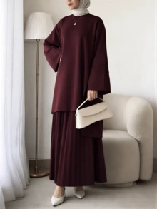 Solid Color Elegant Casual Pleated Button Formal Evening Long Sleeve Top And Pleated Skirt Conservative Suit Spring - Burgundy - View 5