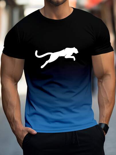 Men'S Breathable Casual Short-Sleeved Round-Neck T-Shirt With Gradient Pattern, Polyester Blend, Machine Washable, Suitable For Summer Sports, Leisure, And Fitness Activities.