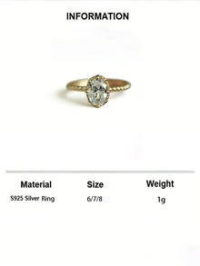 S925純銀椭圓形鋯石戒指,女士婚禮訂婚新娘珠寶首飾 - 金色 - 查看 7