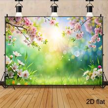 لوحة جدارية مسطحة الأبعاد، قطعة واحدة من زهور الكرز الناعمة ذات الألوان الربيعية والعشب الأخضر - لوحة مسطحة خفيفة الوزن بألوان وردية/صفراء/زرقاء/بيضاء/خضراء فاتحة، مناسبة لديكور عيد الفصح وحفلات عيد الميلاد وحمام الطفل وخلفية استوديو التصوير (لوحة مسطحة الأبعاد)