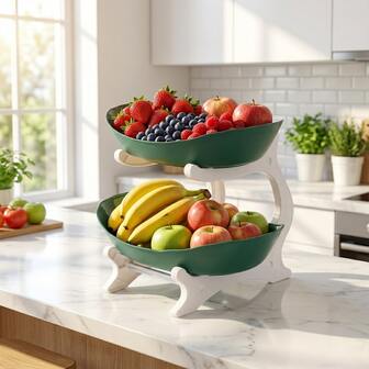 2 niveles Soporte de servir de plástico verde y blanco, bandejas con forma de hoja, ideal para exhibir frutas y aperitivos en el hogar y fiestas