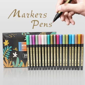 20pcs Metallic Color Marker Pen Set - Suitable For Graffiti, Painting, Coloring, Rock Crafts, Card Making, Scrapbooking And Albums On Plastic Surfaces