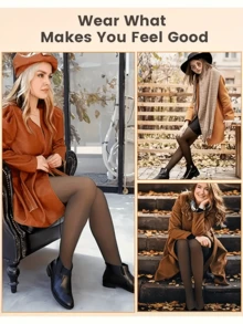 2pcs Fleece Lined Thermal Tights For Women, Ideal For Winter, Sime-Sheer Warm Leggings With A Variety Of Colors, Thick High-Waist & High-Stretch Warm Pantyhose, Soft Comfort Breathable For Skirts, Boots & Heels - 黑透膚+咖透膚 - 查看 6