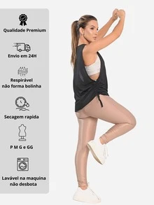 Blusas Fitness Feminina Dry Fit Regata Cavada Detalhe Lateral Recorte Oval - Preto - Visão 9
