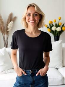 Customized Text & Graphic Loose T-Shirt, Personalized Family Gathering, Group Outfit, Customize Your Text & Photo/Couple/Family/Pet/Friend, Music Festival Outfit, Autumn Clothing, Women's Top, Fall Outfit, White Top, Holiday Gift, Valentine's Day Gift, Anniversary Gift, Wedding Gift, Best Friend Gift, Music Festival Women's Wear - Black - View 9