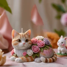 可爱猫咪玫瑰花造型蜡烛硅胶模具，DIY猫咪玫瑰蜡烛模具，适用于树脂、石膏、粘土、混凝土等材质的手工硅胶模具，家居装饰，节日礼物 - 白色 - 查看 6