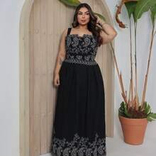 Plus Size Long Dress (G3) In Premium Viscose, Lined, With Wide Straps, Elegant Printed Design For Parties, Beach, Summer, Evangelical Fashion, And Everyday Wear - 黑色 - 查看 1