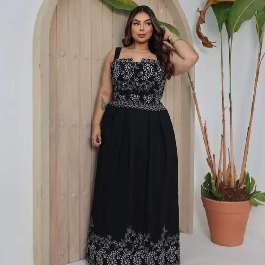Plus Size Long Dress (G3) In Premium Viscose, Lined, With Wide Straps, Elegant Printed Design For Parties, Beach, Summer, Evangelical Fashion, And Everyday Wear - 黑色 - 查看 1