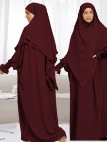 2pcs Set Double Layer Tie Headscarf Khimar + Loose Comfortable Abaya, Convenient For Prayer, Suitable For Muslim Women's Daily Wear And Prayer, All Season - Nhiều màu - Xem 5