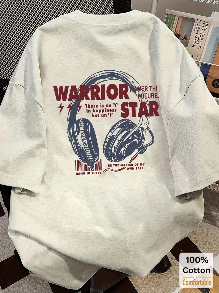 卡通耳机印花短袖中长T恤，女士夏季时尚休闲上衣 - 花灰色 - 查看 1