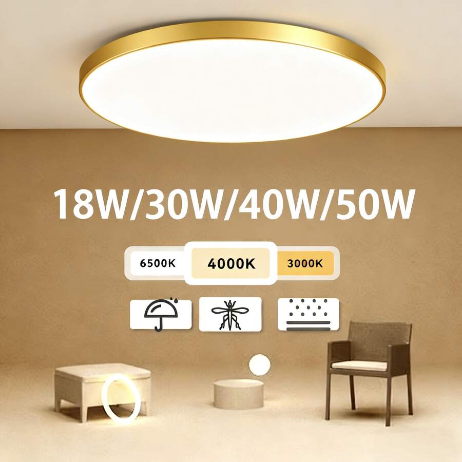 CANMEIJIA 1 đèn LED âm trần tròn hiện đại màu vàng, 220V, 3 nhiệt độ màu (Trắng/Trung tính/Ấm), 18W/30W/40W/50W, đèn trần phòng khách/phòng ngủ/nhà bếp