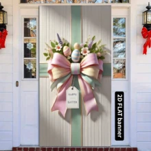1pc 2D Door Banner Easter Wreath Decor - Polyester Bow With Easter Eggs And Floral Pattern, Multipurpose Seasonal Hanging Banner For Front Door, Porch, Room Decor, No Electricity Required - Apricot - View 5