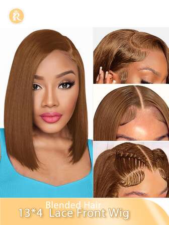 Short Straight Bob Wigs Blende Hair 13x4 Lace Closure Bob Wigs For Women 180% Density 6-16inch Short Bob Wig Blende Hair Pre Plucked Hairline With Baby Hair Straight Bob Wig Natural Black/Brown/Burgundy/Orange Color Blended Wigs-A Mix Of Human Blende Hair And Synthetic