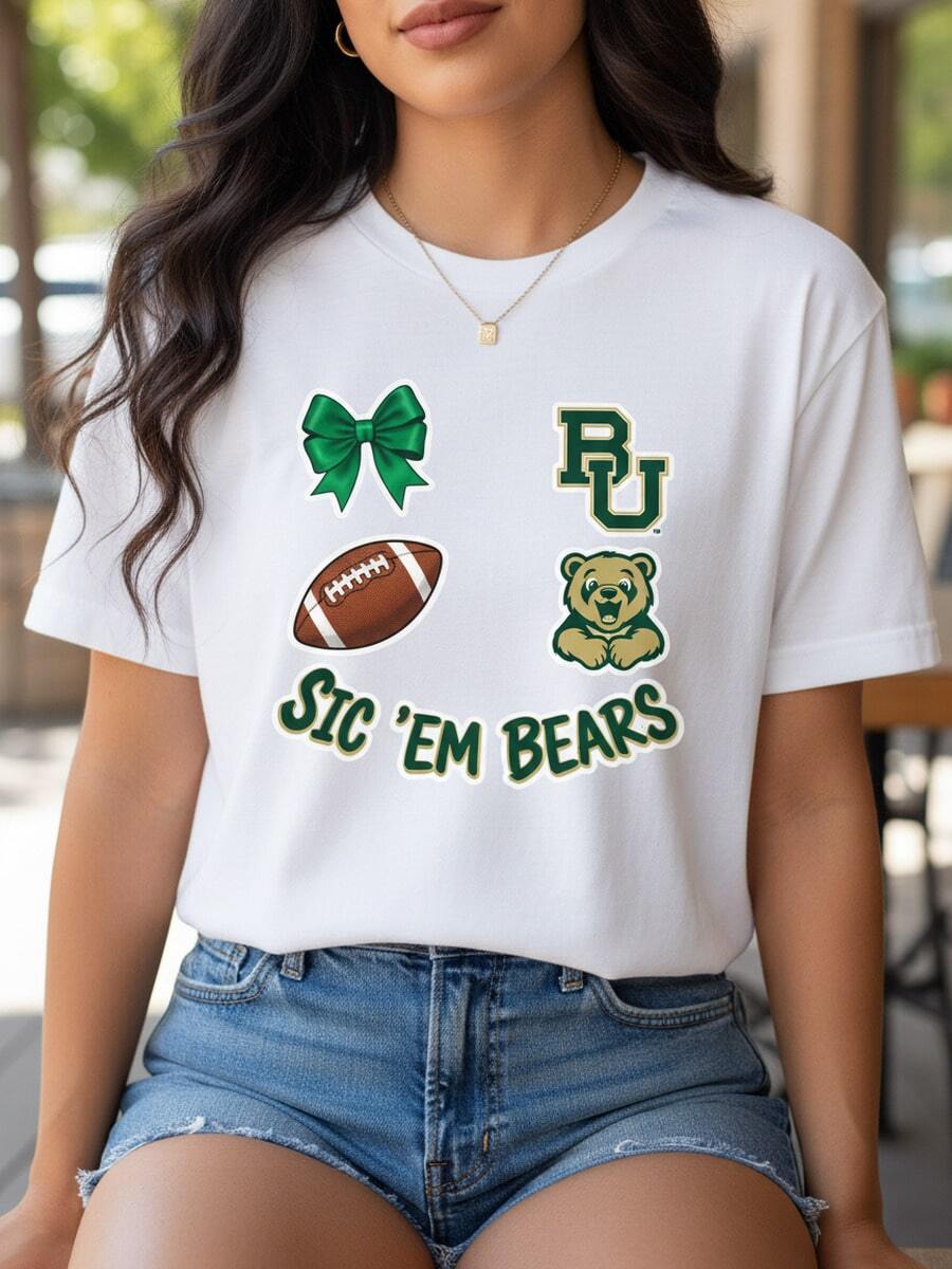 Baylor Bears T-Shirt College Football Shirt Womens Football Bow Tee Sic Em Bears 100% Cotton Crew Neck Short Sleeve Coquette Aesthetic Game Day Graphic BU Logo Ribbon Helmet Gift For Her Cute Sports Fan Apparel Soft Breathable Casual Classic Fit Summer Top-1 - Trắng 4 - Xem 1