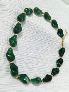 1pc Vintage Inspired Gold Beaded Baroque Pearl Stainless Steel Lobster Clasp Necklace, Suitable For Women's Daily Wear - Dark Green - View 2