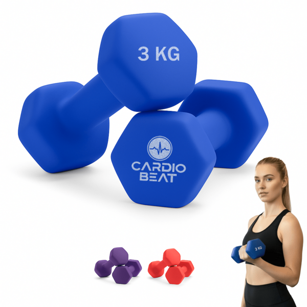 CARDIO BEAT Par de Mancuernas de 3kg para Entrenamiento Funcional y Tonificación | Pesas Compactas con Agarre